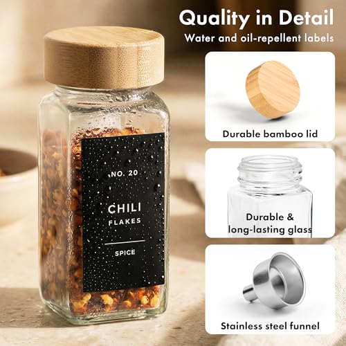 Glass Spice Jars with Label (36x Bamboo Jars Black Stickers)