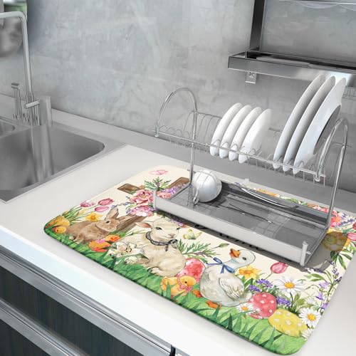 Easter Farmhouse Dish Drying Mat Funny Animal Microfiber Dish Pad for Kitchen Counter Large 18 X24 In (Colorful Farmhouse Animal / 24" x 18")