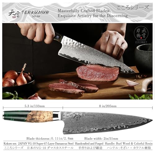 Japanese Gyutou Knife Pro. Handcrafted 8 inch Chef Knife Handmade Forged Knife Japan VG (Crystal Green Handle)