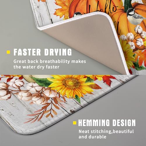 Hello Fall Dish Drying Mat for Kitchen Counter 16x18 Inch Orange Pumpkin Absorbent Drying Pad with Hanging Loop Autumn Home Decoration (Hello Fall Pumpkin / 16" x 18")