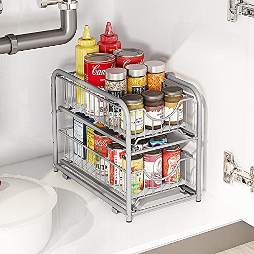 2 Tier Pull Out Organizer Under Sink Sliding Cabinet Rack (Silver)