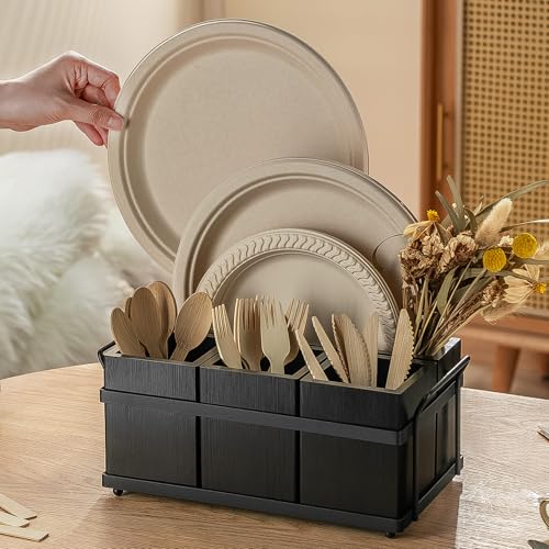 Silverware Caddy Black Wood Silverware Holder Paper Plate Dispenser