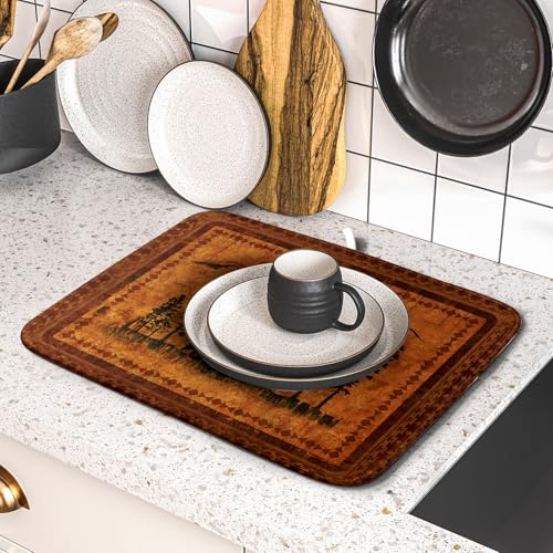 Forest Bear Dish Drying Mat 16x18 Inch Rustic Cabin Washable Microfiber Absorbent Dishes Drainer Rack Pad for Kitchen Counter Home Decor (Retro Forest Bear / 16" x 18")