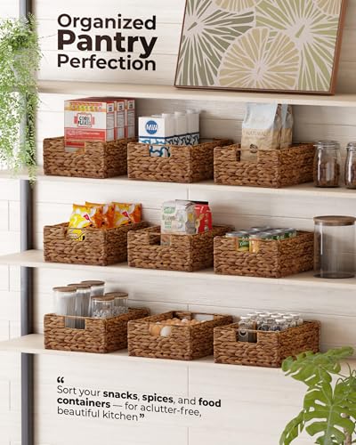 Woven Water Hyacinth Storage Baskets with Handles (Brown / Rectangular Basket_Pack 6)