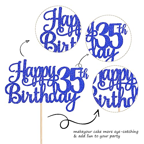 1 PCS Happy 35th Birthday Cake Topper Glitter Cheers to 35 Years Birthday Cake Pick Thirty Five 35 Fabulous Cake Decoration for Happy 35th Birthday Theme Party Decorations Supplies Blue (Blue / 35th)