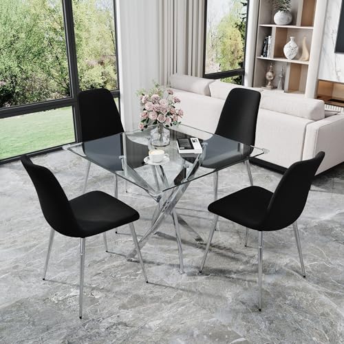 36" Square Glass Dining Table Set for 4 (Silver Square Table/Black Velvet Chairs / 5 Pieces)