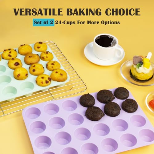 24 Cups Silicone Mini Muffin Pan Set (Set of 2--24 Cups (Green+Purple))