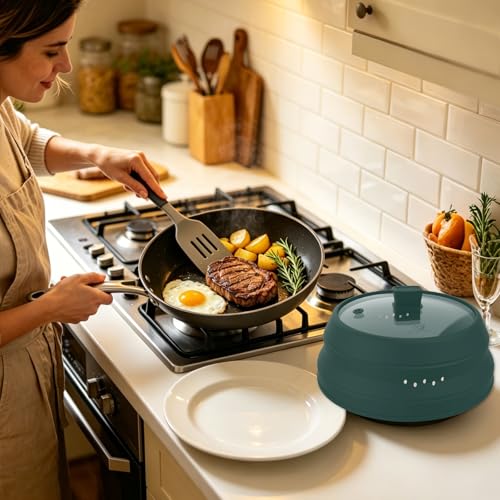 Tall Microwave Splatter Cover Glass Cover Guard Lid 5.8 inch Height with Collapsible Silicone for Food Pot Plate 10.5 inch Dark Green (Taller style Dark Green / 10.8 inch)