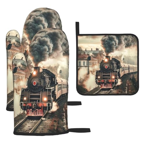 Train Travelling Oven Mitts and Pot Holders Sets of 3 Heat Resistant Oven Gloves Hot Pads Non (Train Travelling)