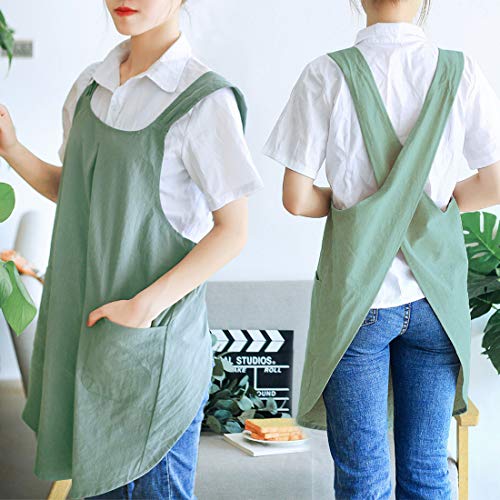 Japanese Linen Cross Back Kitchen Cooking Aprons for Men with Pockets for Baking Painting Gardening Cleaning Light Green