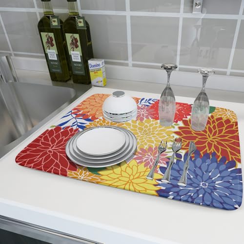 Modern Floral Dish Drying Mat Large Multicolored Tropical Drying Pad for Kitchen Counter (Modern Florals Colorful / 24" x 18")