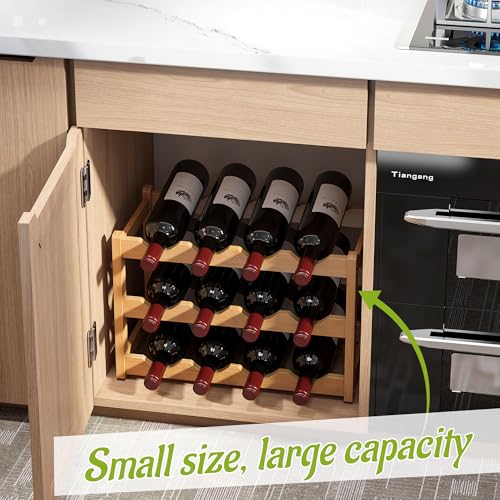 Bamboo Wine Rack Wine Storage Cabinet Shelf 12 Bottle Wine Racks Countertop Sturdy for Kitchen Dining Room Pantry (Natural / 3 Tier)