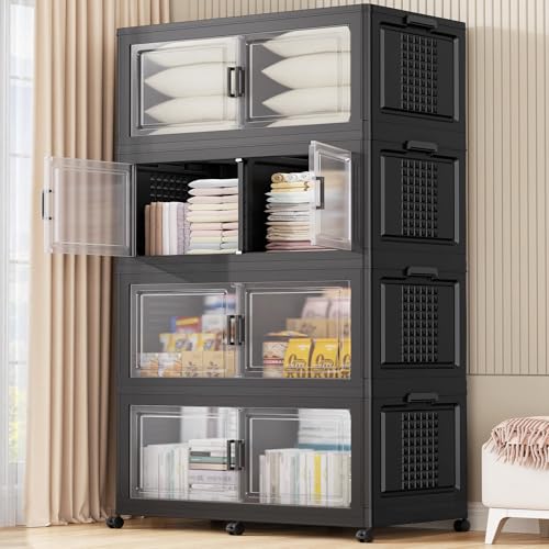 200Gal XL Stackable Storage Bins Foldable Box Cabinet for Home (Black / 200QT-4Pack)