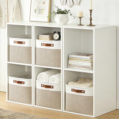Storage Bins Large Fabric Storage Baskets for Shelves 3 Pack (Beige / Off-White / Large -15"x11"x9.5")