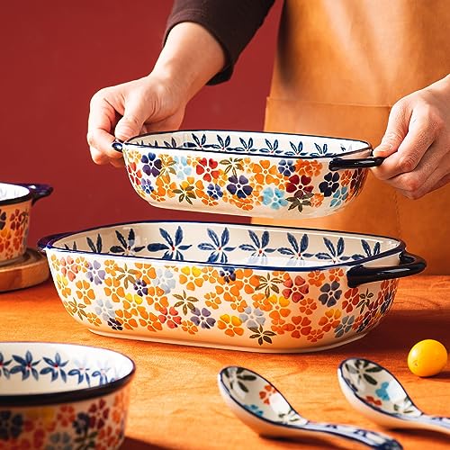 Retro pastoral style Ceramic Baking Dish Rectangular Bakeware Set Baking Pan (Colorful Flower)