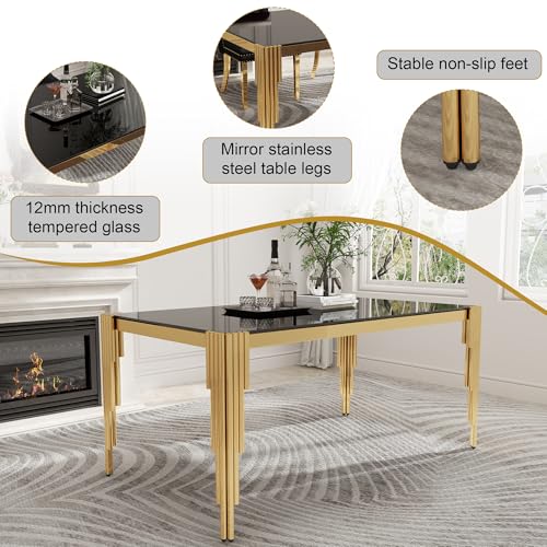 63'' Modern Glass Dining Table for 4 (Gold-black / Rectangle-62.99" L x 35.43" W x 29.53" H)
