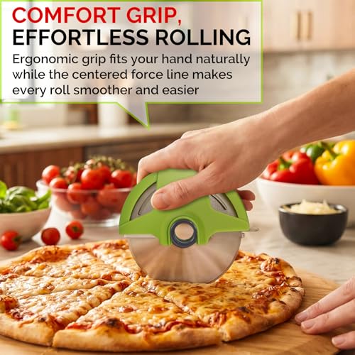 4.3" Palm Grip Pizza Cutter with Blade Cover for Thick Crusts (Green)
