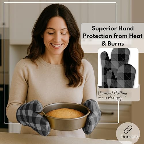 Buffalo Plaid Check Oven Mitts and Pot Holders Set of 4 (Buffalo, Light Grey & Black)