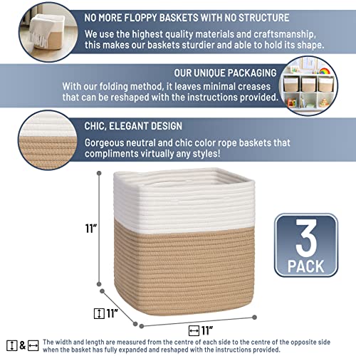 Storage Cubes 11 Inch Cotton Rope Woven Baskets for Organizing (Off White & Tan Brown)