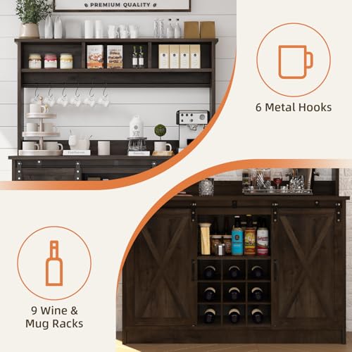 47" Farmhouse Coffee Bar with Storage Hutch & Wine Rack (48Inch / Oak)