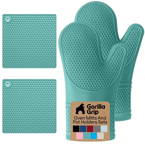 BPA Free Silicone Oven Mitts and Pot Holders Set (Turquoise / 12.5" Oven Mitts + 7" Trivets)