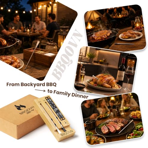 WiFi Sub 1G Wireless Meat Thermometer Unlimited Range 7 NIST Certified Sensors with Ambient Temp 2 Temp Monitoring Ways Digital Smart Base and App for BBQ (2-Probe-Bamboo)