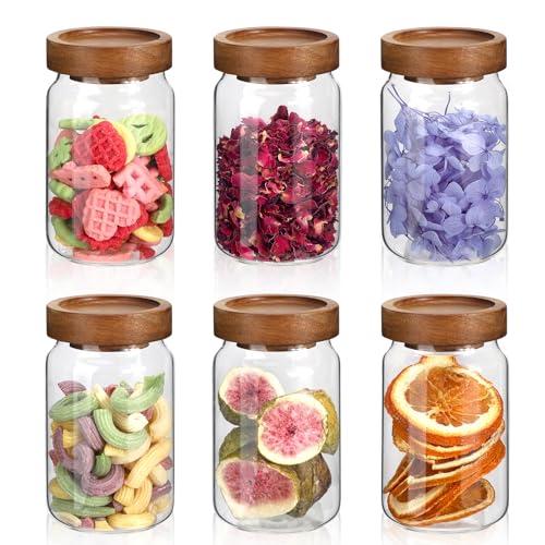 6oz Small Glass Jars with Wood Lid Spice Jar Round Food Storage Canister Clear Glass Containers Jar for Ground Seasoning Pantry Sugar Tea Coffee Bean Spice Herb Cookies (6 * 200ml(6.76oz))