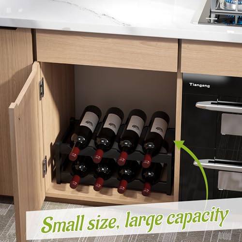 Bamboo Wine Rack Wine Storage Cabinet Shelf 8 Bottle Wine Racks Countertop Sturdy for Kitchen Dining Room Pantry (Black / 2 Tier)