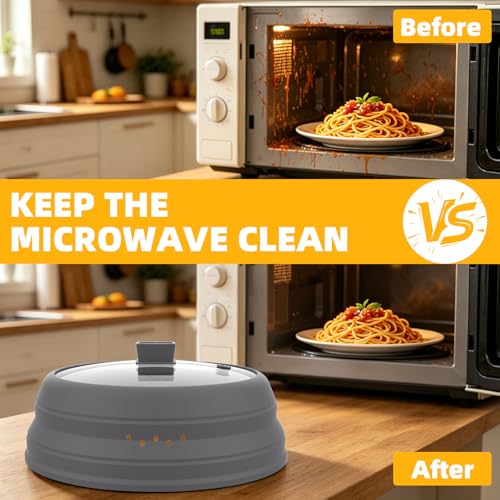 Microwave Splatter Cover Glass Cover Guard Lid with Collapsible Silicone for Food Pot Plate Cover 9.8 inch Light Grey (LIGHT GREY / 9.8 inch)
