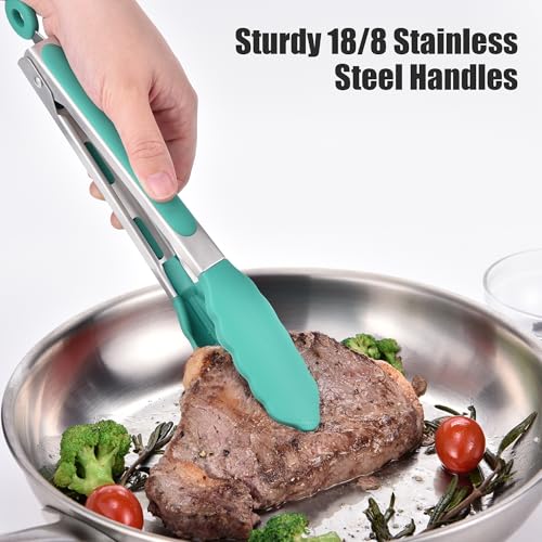 Kitchen Tongs with Silicone Tips for Cooking Serving (9in / Aqua Sky)