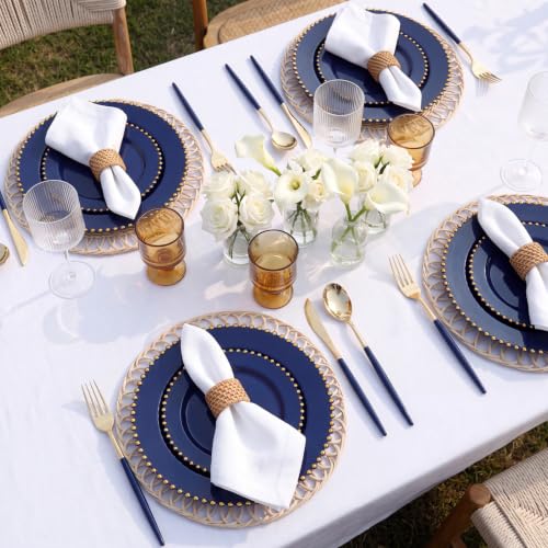100PCS Navy Blue Plastic Plates with Gold Trim for Party Banquets (Navy Blue and Gold Plastic Plates / 100PCS)