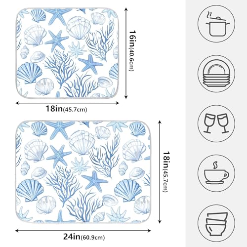 Nautical Coastal Dish Drying Mat for Kitchen Counter Absorbent Microfiber Large Summer Ocean Themed Seashell Coral Starfish Drying Pad Dish Mats for Kitchen Countertops 18 x 24 Inch (24" x 18")