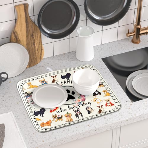 Cute Dog Dish Drying Mat Absorbent Printed Drying Pad for Pet Lover (Dog Family White / 18" x 16")