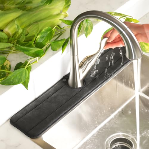 Original SINKMAT 24in XL Faucet Splash Guard Extra Long Microfiber Sink Drip Catcher Mat Non Slip Countertop Protector Drying Pad for Kitchen Bathroom RV Machine Washable Black