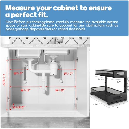 2 Pack 20.47IN Depth Under Sink Storage Organizer (Black / 2 Pack-20.47"Dx11.4"-16.14"H)