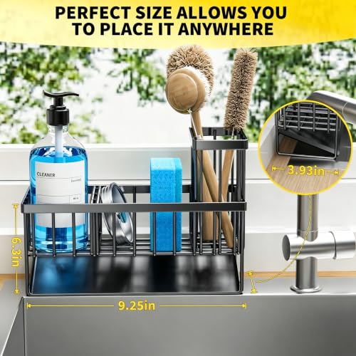 Sink Caddy Sponge Holder for Kitchen with Brush Holder and Stainless Steel Self Drain Tray (9.25'' / Black)