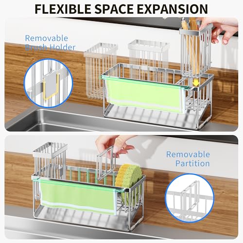 Kitchen Sink Caddy Organzier with High Brush Holder (Silver With Towel Rack / 9.25 inches)