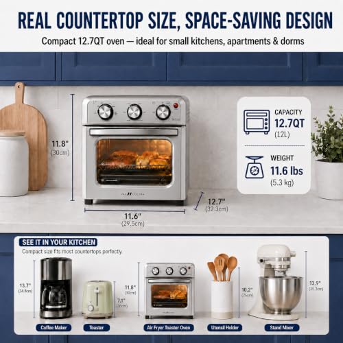 6-in-1 Air Fryer Toaster Oven Combo, Compact 12.7 QT Small Countertop Convection Oven, Fits 9" Pizza & 4 Toast, Hexagon Hybrid Heating, Enamel Baking Pan Included, Stainless Steel Finish (12.7-QT Brushed Stainless Steel Finish)