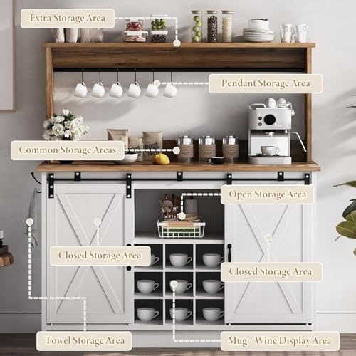 47" Farmhouse Coffee Bar Cabinet with Storage Hutch (47Inch / White)