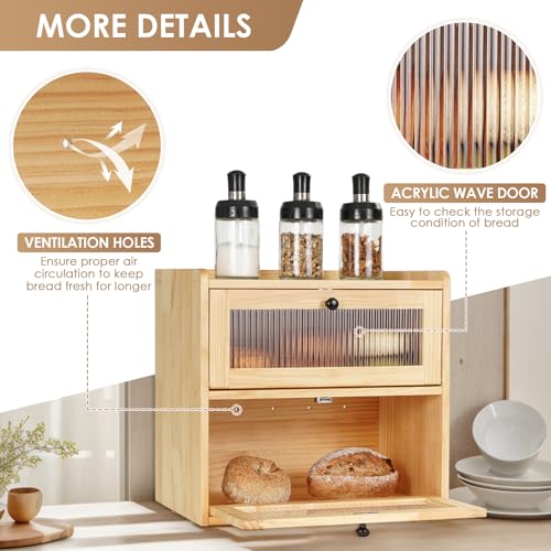 Bread Box for Kitchen Countertop Wooden Bread Storage Container Bin 2 Layer Breadbox Holder Large Capacity Keeper Vintage Farmhouse Food Organizer Pantry Shelf Acrylic Window（Wood color） (Yellow)