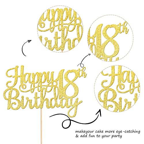 1 PCS Happy 18th Birthday Cake Topper Gold Glitter Cheers to 18 Years Birthday Cake Pick 18 Fabulous Cake Decoration for Happy 18th Birthday Theme Party Decorations Supplies (Gold / 18th)
