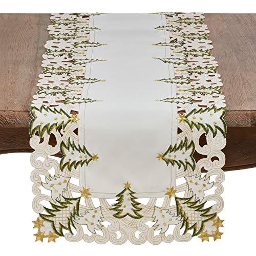Pandoro Collection Holiday Embroidered Christmas Tree Cutwork Border 16 x 90 Inch Table Runner (Ivory / 16"x90" Table Runner)
