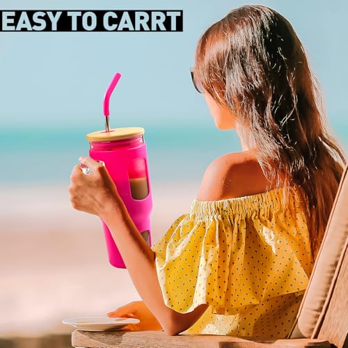 Glass Tumbler with Straw & Lid (Rose Red / 32 Ounces)