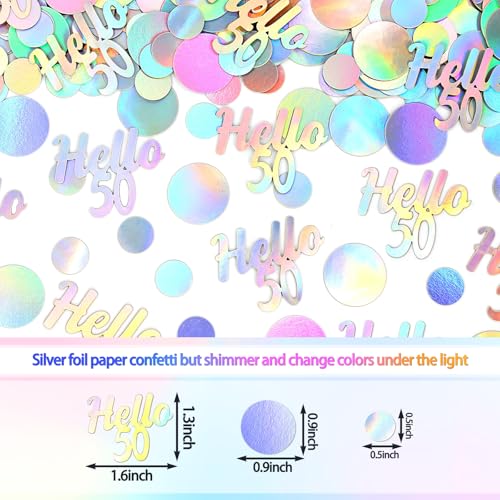 Hello 50 Birthday Confetti for Table Iridescent Circle Happy 50th Birthday Party Decorations for Women Fifty Years Old Birthday Tables Scatter Party Confetti Wedding Anniversary Decor 300PC (230 Count)