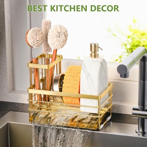 Gold Sink Caddy Sponge Holder for Kitchen with Brush Holder and Stainless Steel Self Drain Tray (8.26'' / Gold)