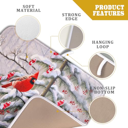 Red Birds Dish Drying Mat Winter Berry Dish Drainer Mats Absorbent Reversible Microfiber Kitchen Countertop Protector Dishes Pad 16x18 inch (Winter Red Bird / 16" x 18")