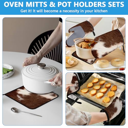 Brown Cow Print Oven Mitts and Pot Holders Sets Heat Resistant 4Pcs Potholders Oven Gloves Hot Pads for Kitchen Baking Cooking Grilling BBQ (Brown Cow Print)