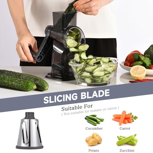Rotary Cheese Grater with Handle Kitchen Shredder Slicer Grater Slicer Ice Shaver Cheese Vegetable Nuts Potato Zucchini Chocolate 3 Interchangeable Blades (9.06"L x 4.33"W x 9.07"H / Dark Gray)