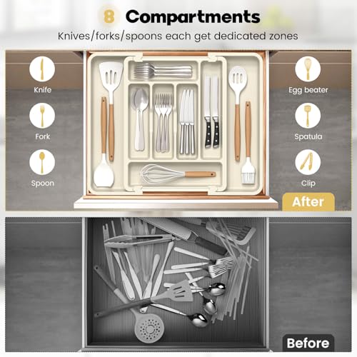 Large Silverware Organizer Tray for Kitchen Drawer Utensils Thicker (Light Beige)