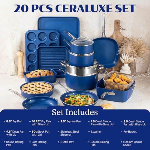 Ceraluxe 20Pc Pots and Pans Set Non Stick Ceramic Cookware Set (Blue Speckle)